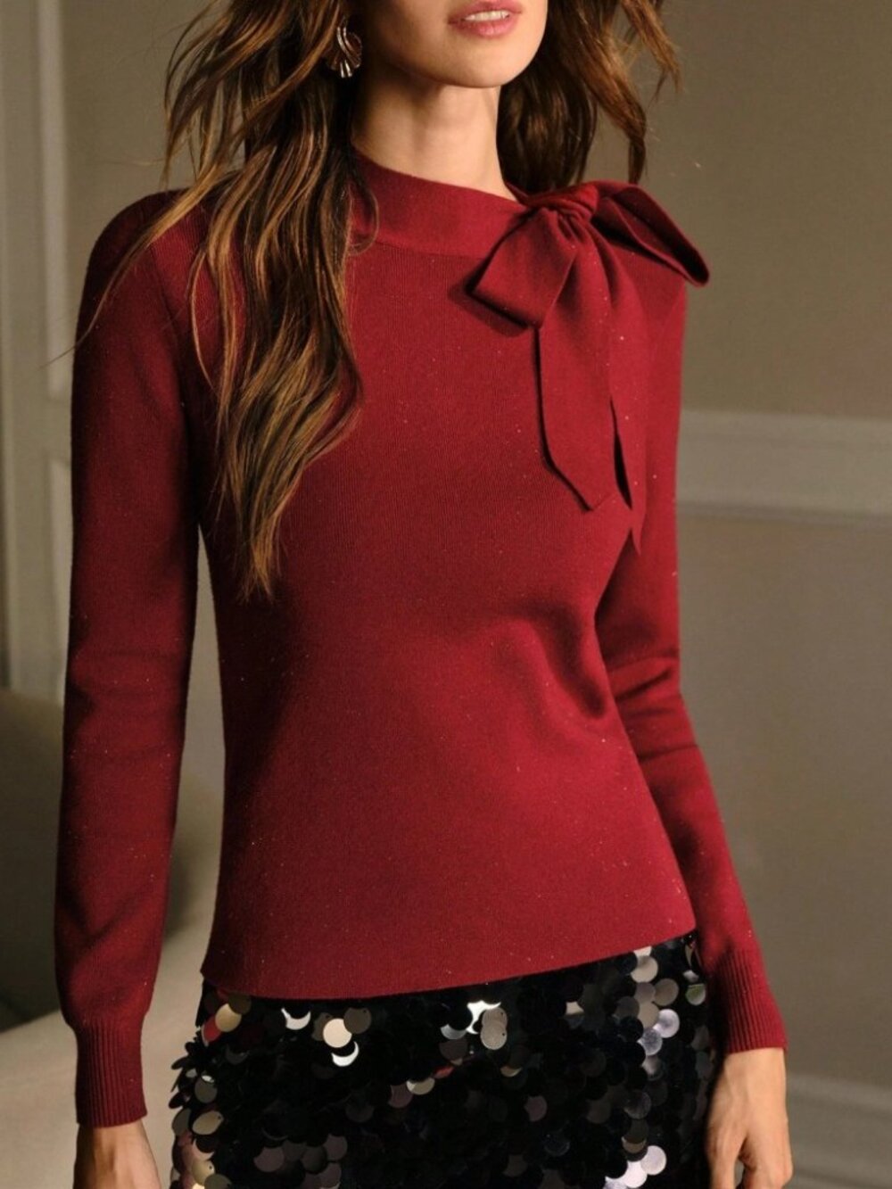 Burgundy Ribbed Knit Tie Neck Long Sleeve Slim Fit Sweater